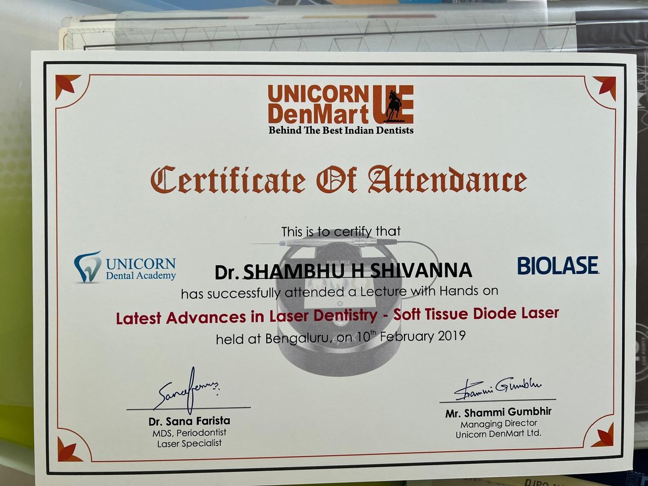 Dr. Shambhu H Shivanna certificate of attendance, Soft Tissue Diode Laser, Unicorn DenMart